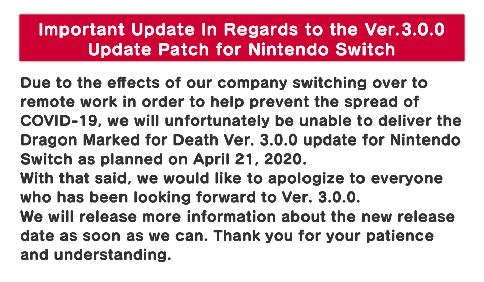 Important Update In Regards to the Ver. 3.0.0 Update Patch for Nintendo Switch